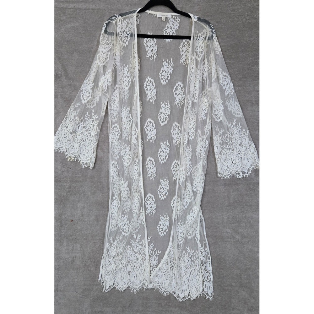 Active USA Lace Kimono Womens Large White Sheer Floral Boho Festival Duster